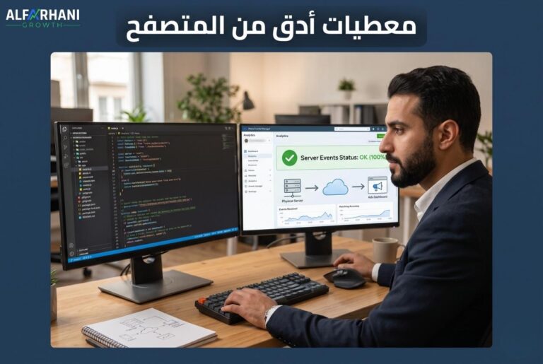 مطور يراجع كوداً على شاشتين تعرضان تدفق بيانات من خادم إلى لوحة تحكم — دليل Conversions API بالعربي