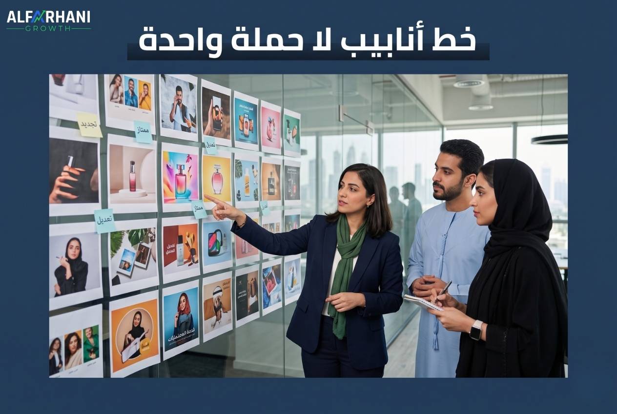 فريق تسويق صغير يراجع لوحة تصاميم إعلانية متعددة مطبوعة على جدار زجاجي — استراتيجية تجديد المحتوى الإبداعي 2026