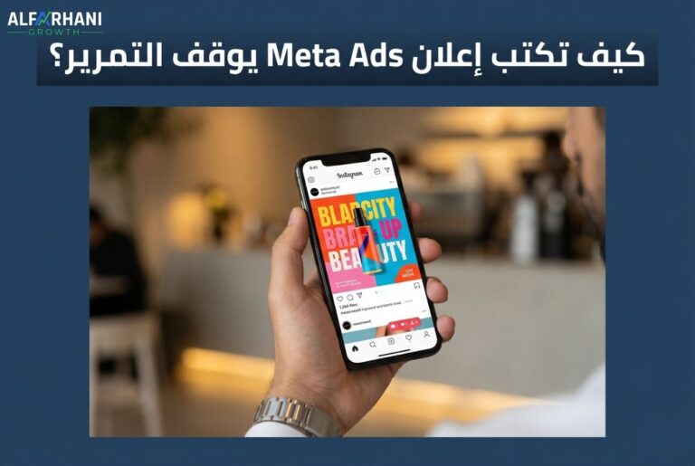 مشهد واقعي لشخص يتصفح إعلاناً مقنعاً على هاتفه — دليل كتابة إعلانات Meta Ads بالعربي 2026