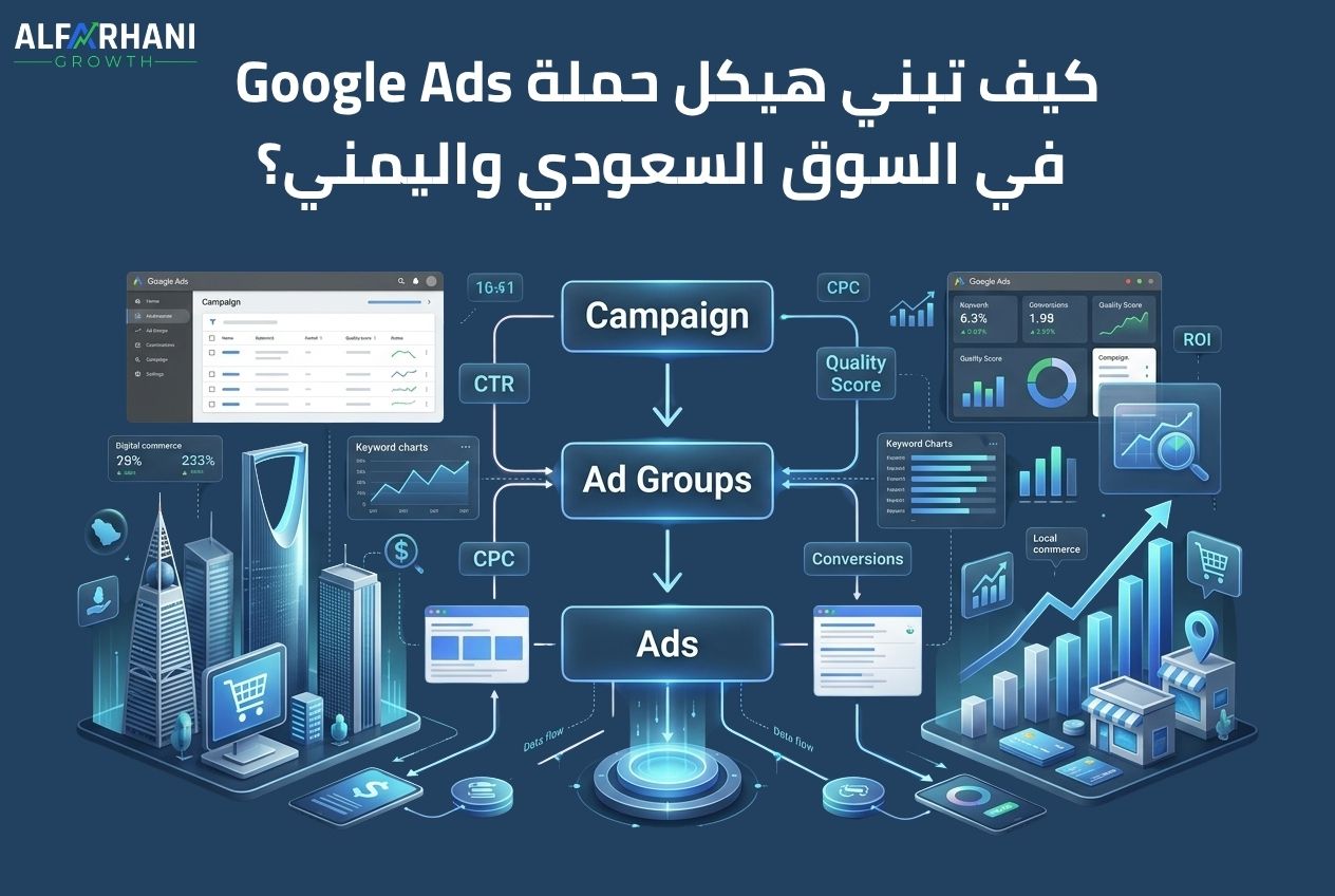 كيفية بناء هيكل حملة Google Ads في السوق السعودي واليمني مع تقسيم الحملة والمجموعات الإعلانية والإعلانات