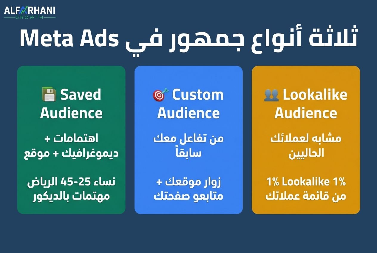 أنواع الجمهور في Meta Ads بالعربي — Saved وCustom وLookalike Audience 2026