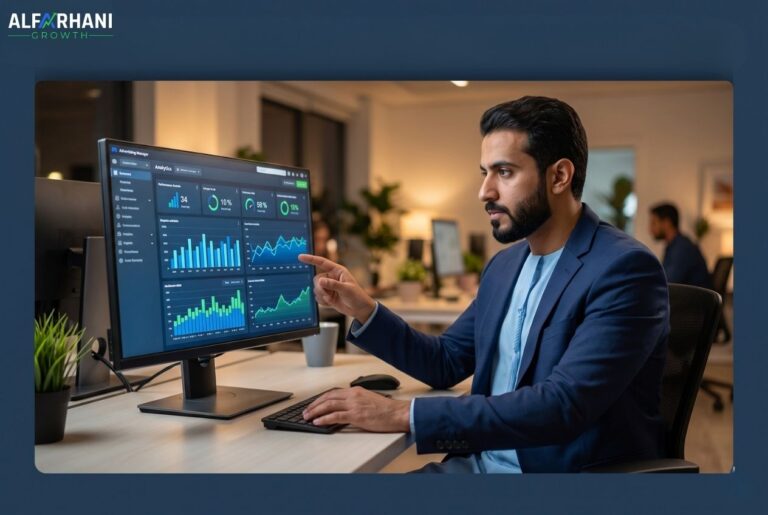رجل أعمال يحلل لوحة بيانات أداء حملة إعلانية على شاشة كمبيوتر — دليل قياس أداء Meta Ads بالعربي 2026