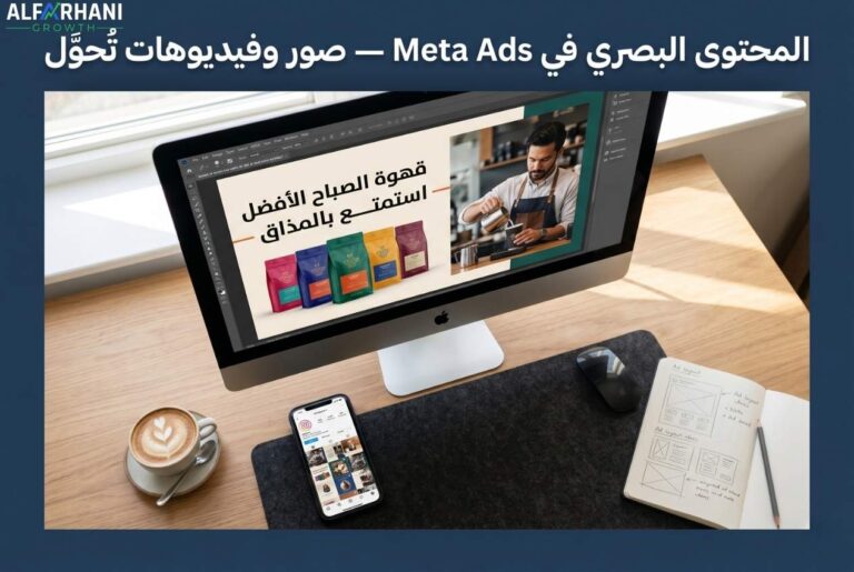 مصمم جرافيك يعمل على تصميم إعلان بصري لـ Meta Ads — دليل المحتوى البصري بالعربي 2026