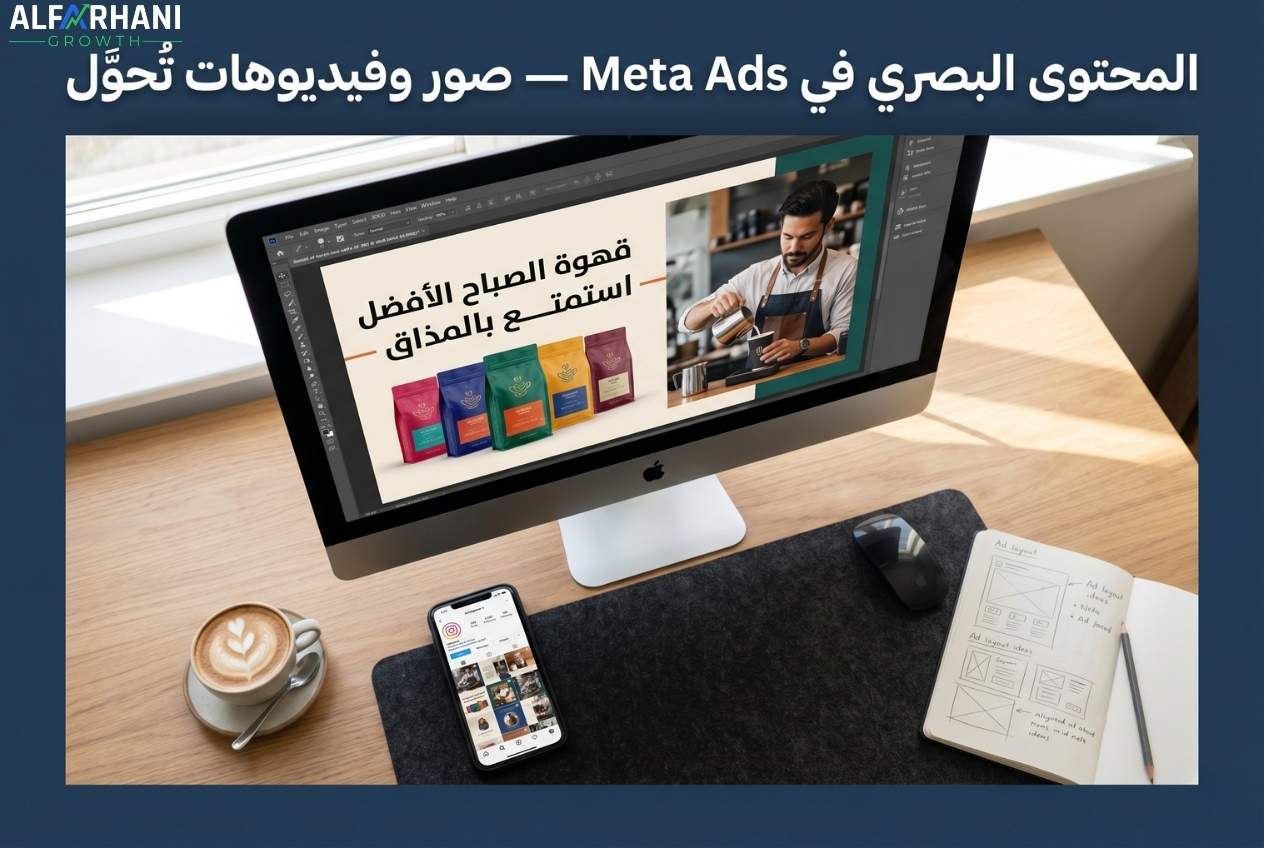 مصمم جرافيك يعمل على تصميم إعلان بصري لـ Meta Ads — دليل المحتوى البصري بالعربي 2026
