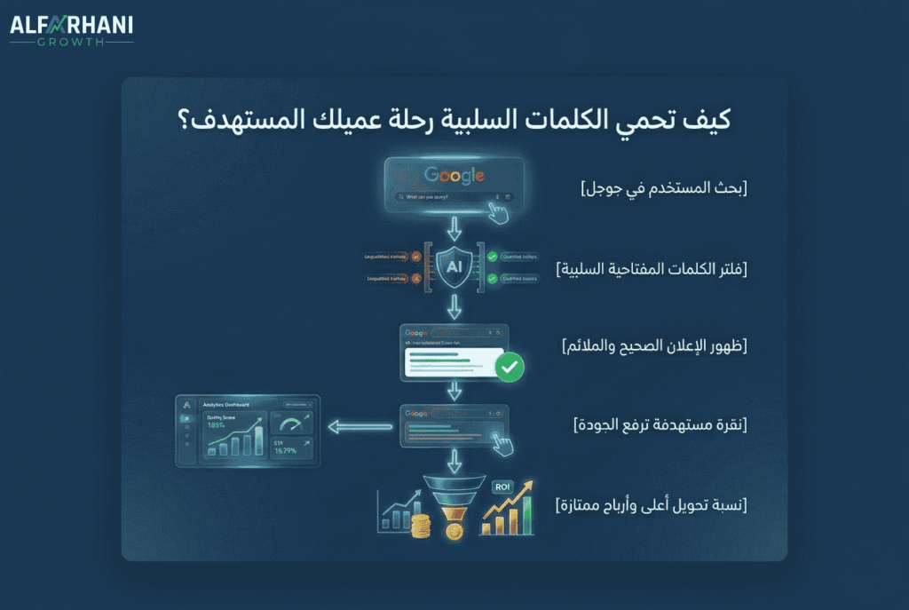 توضح الصورة رحلة المستخدم من البحث في جوجل مروراً بفلترة الكلمات المفتاحية السلبية وصولاً إلى نقرة مستهدفة ومعدل تحويل أعلى.