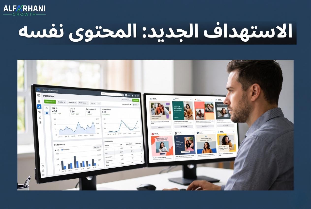 مصممة تراجع لوحة تحليلات حملة إعلانية على شاشتين أمامها — خوارزمية Andromeda في Meta Ads 2026