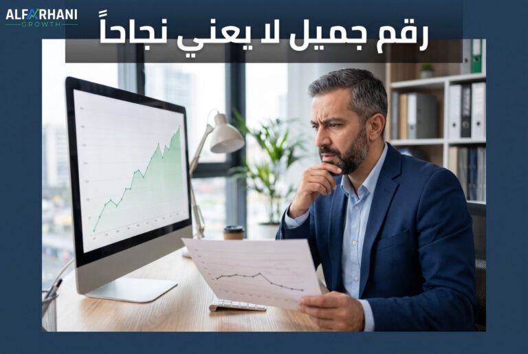رجل أعمال ينظر بقلق إلى رسم بياني صاعد على شاشة بينما يراجع ورقة أرقام أخرى متناقضة بيده