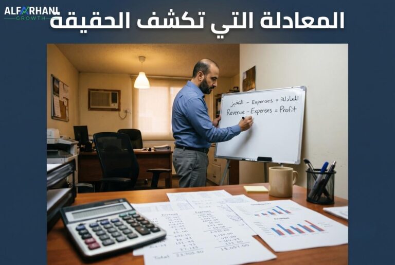 صاحب مشروع صغير يكتب معادلة حسابية على لوح أبيض بجانب آلة حاسبة وأوراق فواتير