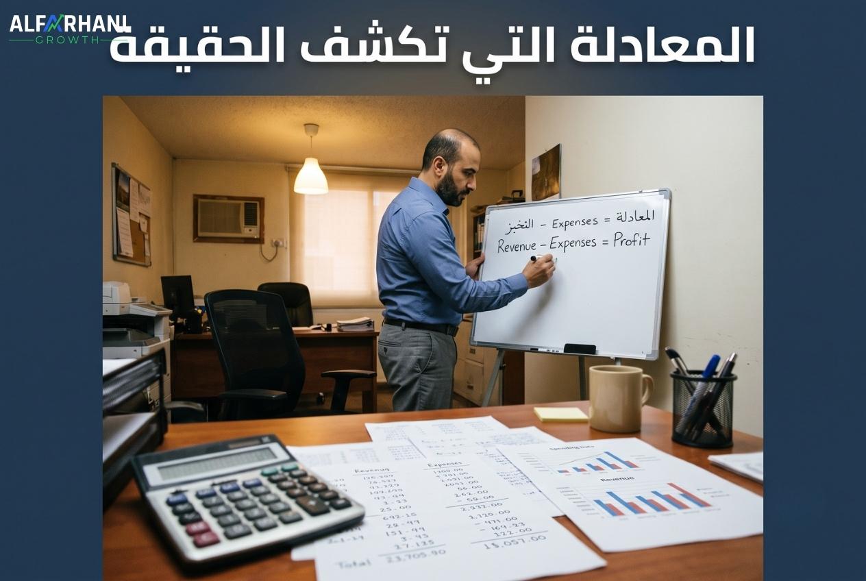 صاحب مشروع صغير يكتب معادلة حسابية على لوح أبيض بجانب آلة حاسبة وأوراق فواتير
