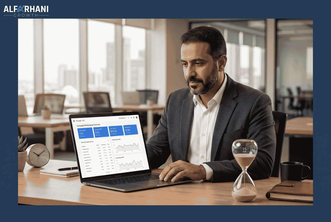صورة واقعية لمسوق رقمي عربي يراجع لوحة تحكم أداء Google Ads أسبوعياً على لابتوب بداخل مكتب حديث